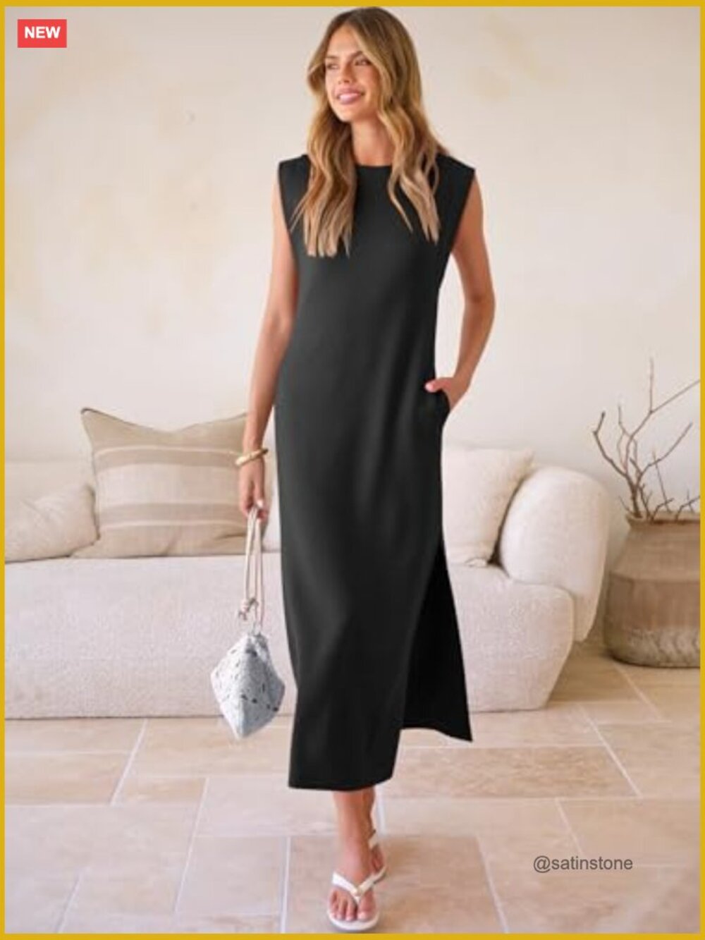 Women's Sleeveless Maxi Dress Crewneck Side Slit Wrinkle-Free Beach Vacation - Picture 2 of 7